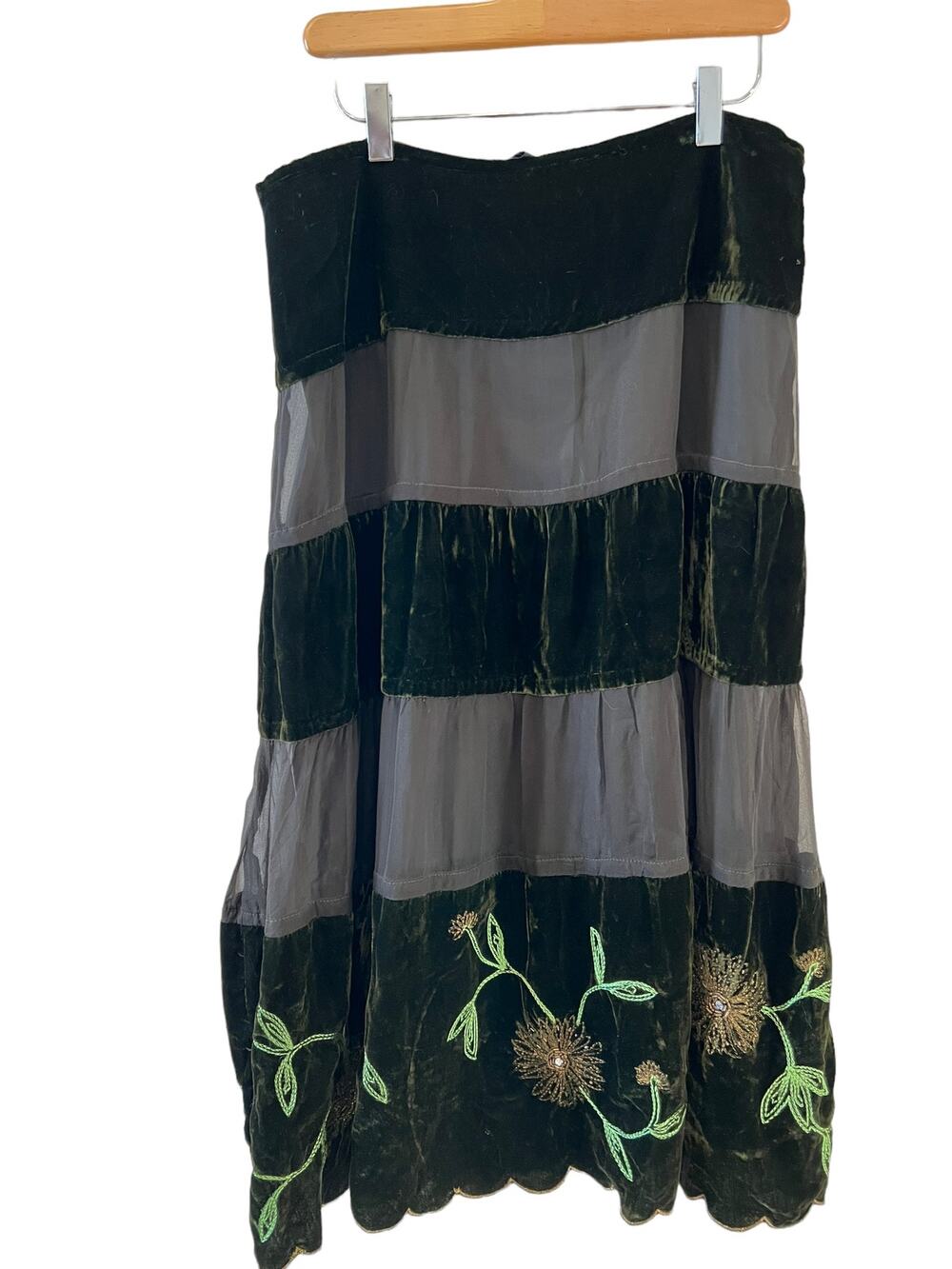 Vintage Anne Carson Velvet & Silk Tiered Floral Embroidered Skirt Dark Green